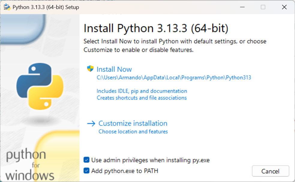 Instalador de Python - Add to PATH